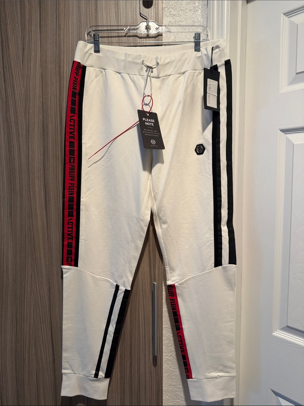 Philipp Plein White Joggers with Black and Red Side Stripes